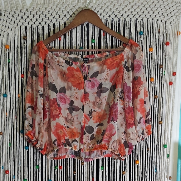 Express Tops - Express Off Shoulder Cropped Floral Blouse